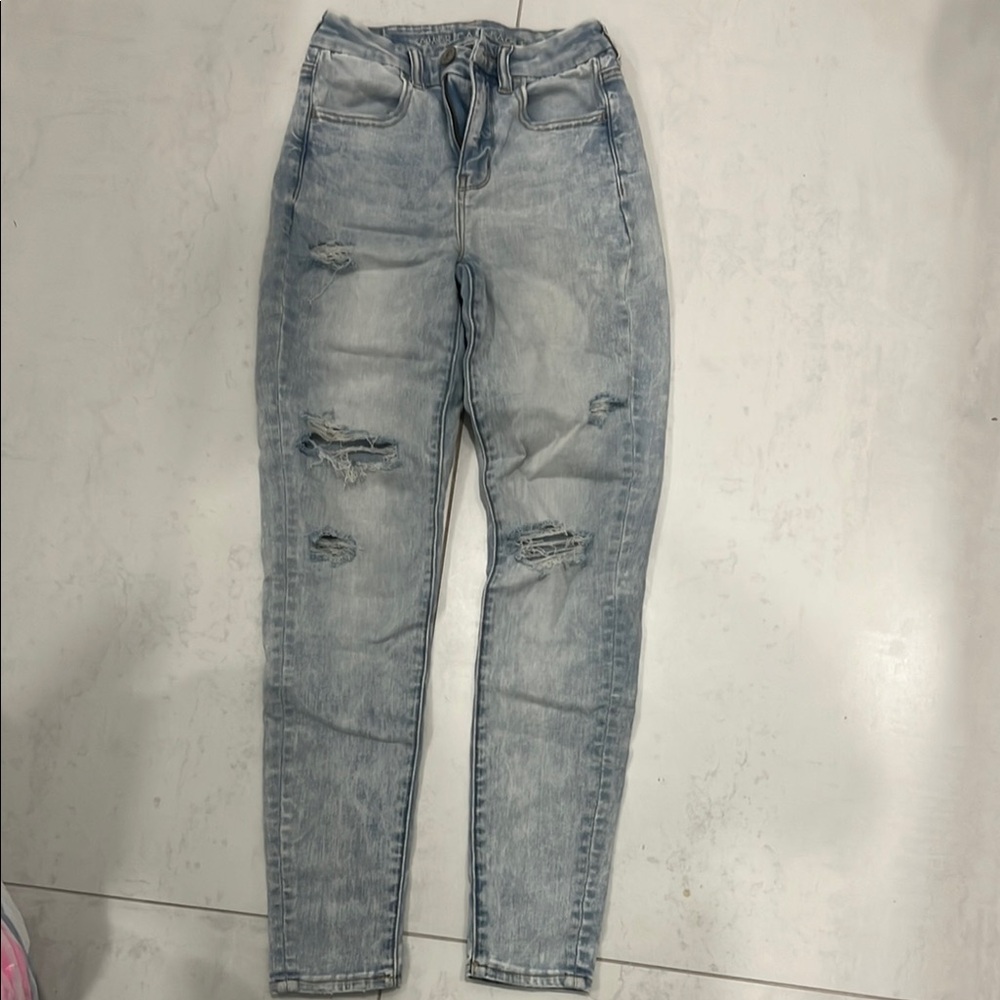 American Eagle Outfitters Blue Curvy Hi-RiseSkinny Jeans with Distressed Details